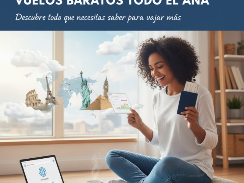 Avión despegando al atardecer con fondo de cielo anaranjado, símbolo de viaje económico