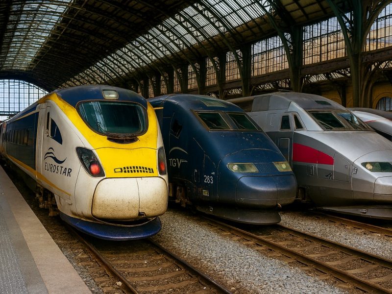 “Trenes de alta velocidad (Eurostar, TGV, RENFE) alineados bajo una gran marquesina de hierro y vidrio en una estación europea