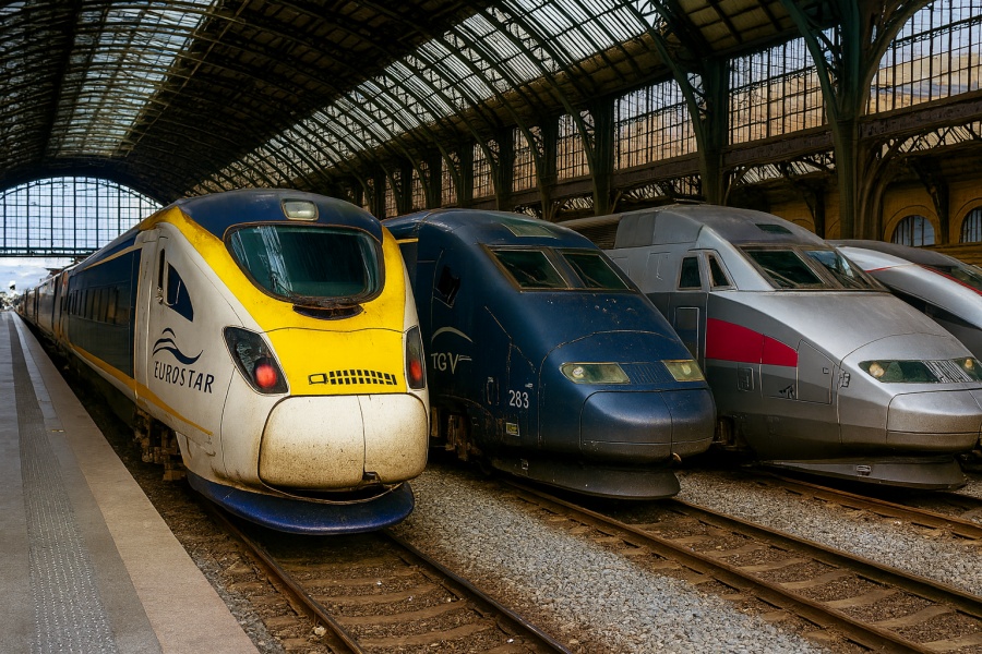 “Trenes de alta velocidad (Eurostar, TGV, RENFE) alineados bajo una gran marquesina de hierro y vidrio en una estación europea